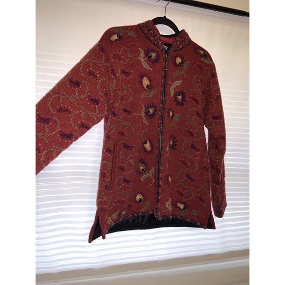 Icelandic Design Wool Size Medium Deep Red Floral Zip Up Jacket Lined Cardigan - Picture 1 of 7